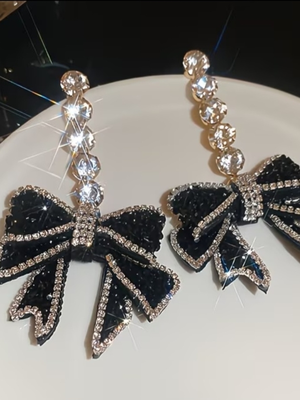 Crystal Drop Earrings with Black Rhinestone Bow - Picture 4 of 4